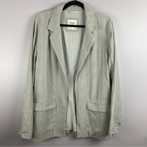 Abercrombie & Fitch Neutral Plaid Academia Preppy Open Front Blazer Large Grey - Picture 3 of 9